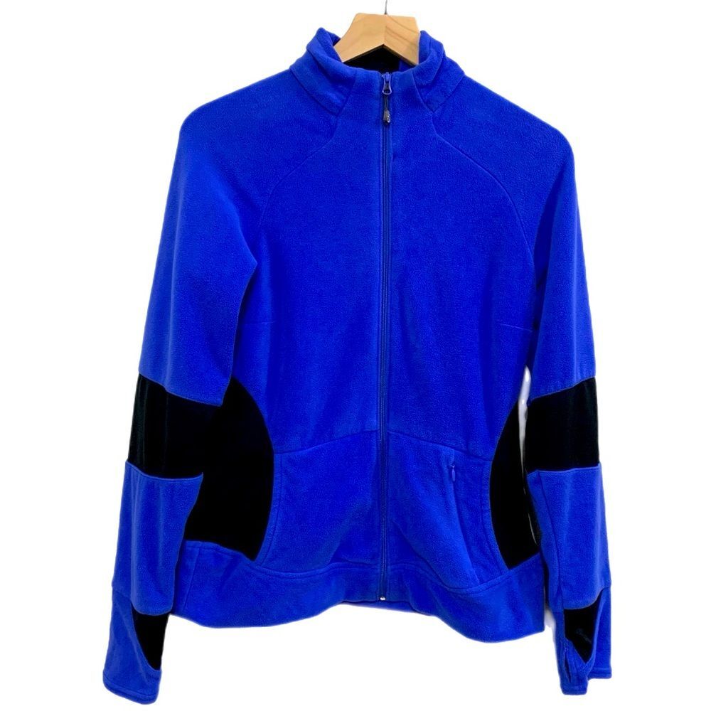 COLUMBIA Titanium Full Zip Fleece Women Medium Blue Black Zip Pocket Thumb Hole.